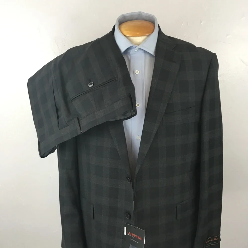 Laurentino 44s mens suit gray checks 2 piece 100% wool 2 button nwt italy ea0158